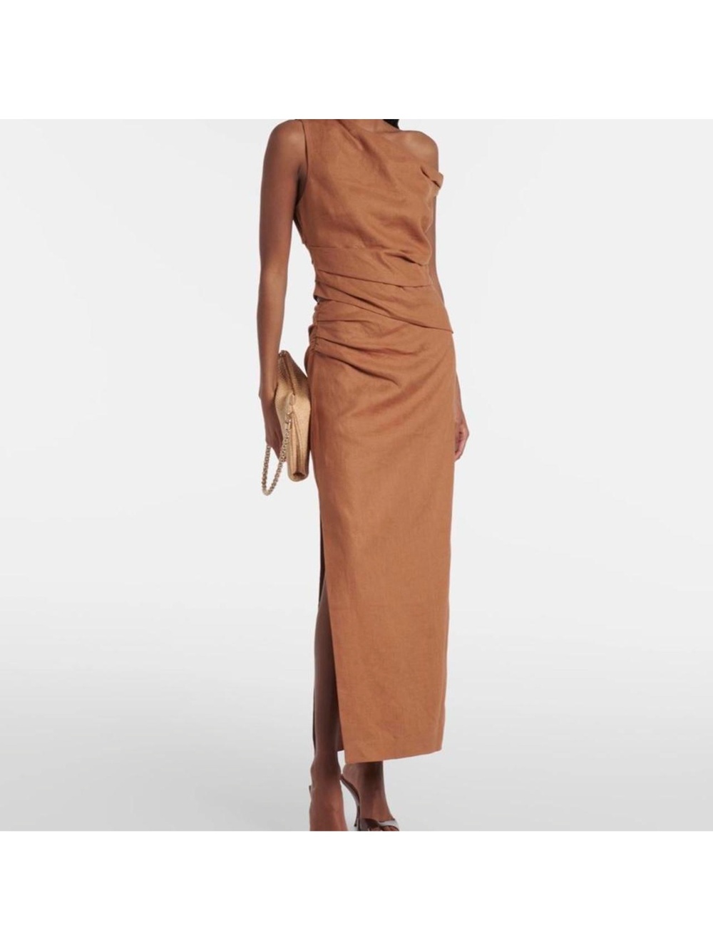 SIR. asymmetric draped linen top in hazelnut